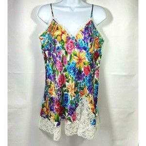 Vintage 1980s Delicates Bold Floral Chemise Nightie Lace Trim Lingerie NOS Large